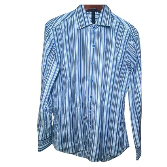 Robert Graham Mens Striped Long Sleeve Shirt M 100% Cotton Blue & White Pattern - Picture 2 of 7
